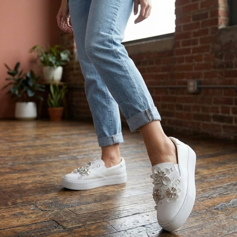 Kenneth Cole REACTION Floral Embellished Slip-On White Sneakers 6.5 Never Worn